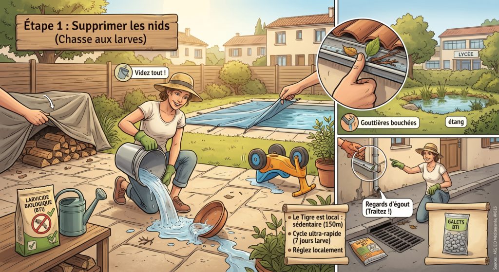 Illustration chasse aux larves de moustique tigre dans un jardin avec larvicide BTI.