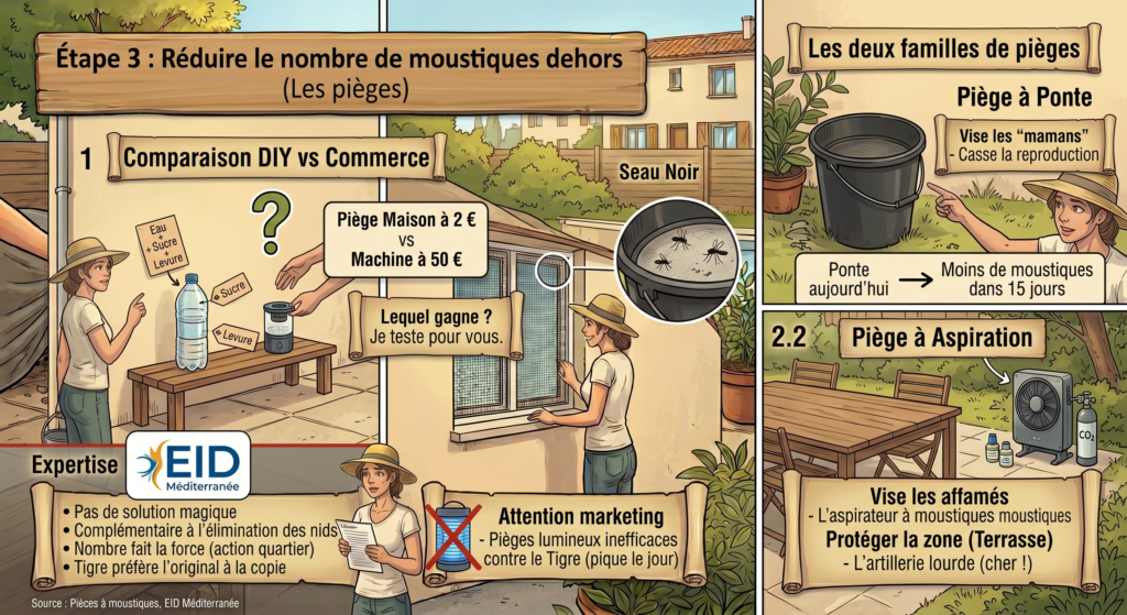 Comparaison pièges à moustiques maison DIY vs piège à aspiration professionnel.