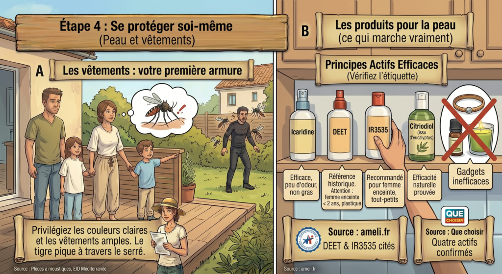 Vêtements clairs et principes actifs répulsifs efficaces contre le moustique tigre.