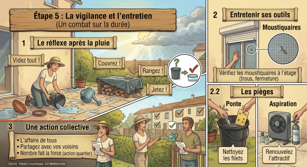 Maintenance jardin et entretien des pièges à moustiques après la pluie.