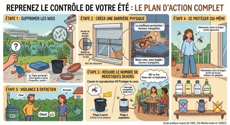 Infographie complète plan d'action 5 étapes contre le moustique tigre